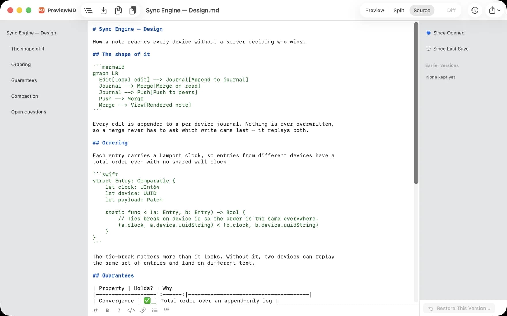 PreviewMD on the Mac, showing Markdown source with syntax highlighting